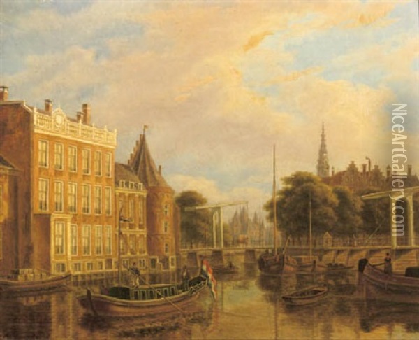 A View Of The River Of Amstel With The  Nieuwmarkt And Oude Kerk, Amsterdam Oil Painting - Augustus Wijnantz