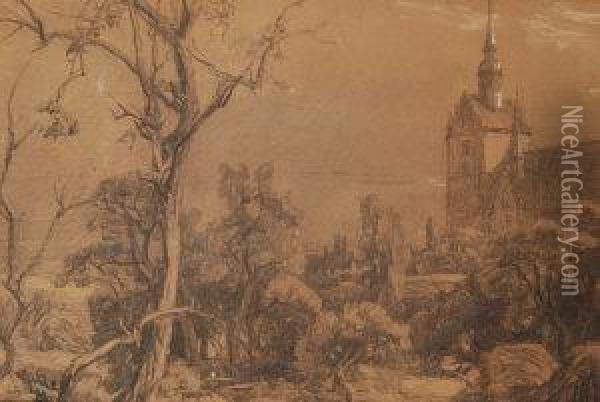 View Of A Church With Woodland Oil Painting - Christian Friedrich Gille