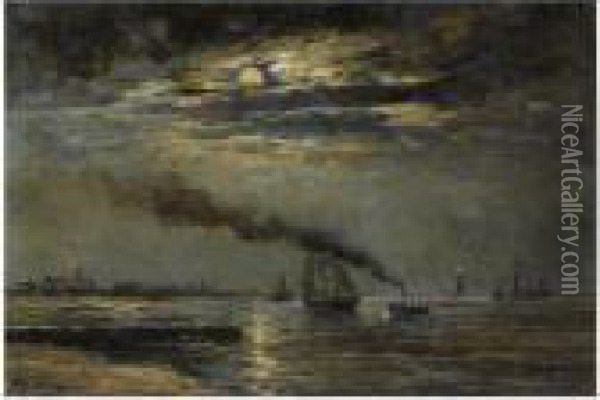 A Three-master Entering Scheveningen Harbour At Moonlight Oil Painting - Hendrik Willem Mesdag