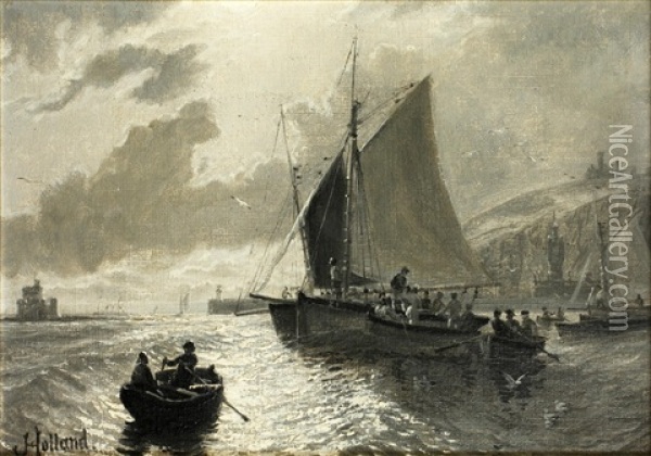 Fishing Boats Off A Harbour; And Cart Horses On The Shore, Both Scenes Thought To Be On The Isle Of Man Oil Painting - John Holland