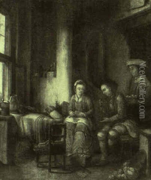Interior With A Woman Seated Peeling Potatoes And Listening To A Man Oil Painting - Basilius Grundmann