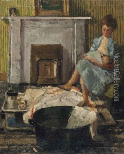 Nursing By A Fireside Oil Painting - Walter Greaves