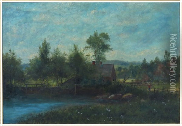 Landscape, Rustic Log House On Pond, With Farmer Oil Painting - George Frank Higgins