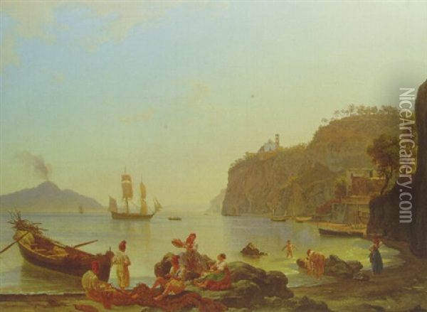 Fisherfolk In A Harbour With Vesuvius Beyond Oil Painting - Josef Rebell