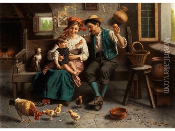 Genreszene Einer Italienischen Familie Oil Painting - Jules Zermati