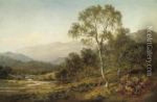 Birch Trees On The Hillside Below Capel Curig Oil Painting - Benjamin Williams Leader