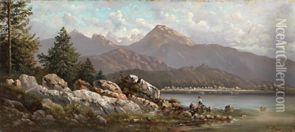 Hochgebirgslandschaften Mit Sennhutte (+ Alpsee An Einem Sonnigen Fruhlingstag; Pair) Oil Painting - Ferdinand Lepie