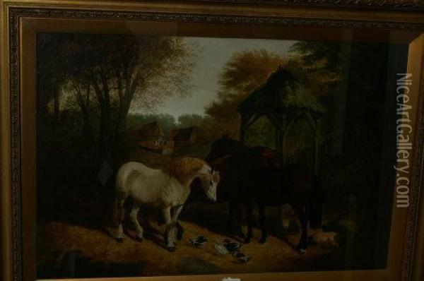 Farm Yard Friends, Horse, Ducks And Pigs Oil Painting - John Frederick Herring Snr