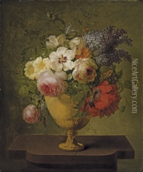 Roses, Lilas Et Autres Fleurs Dans Un Vase Oil Painting - Joseph-Laurent Malaine