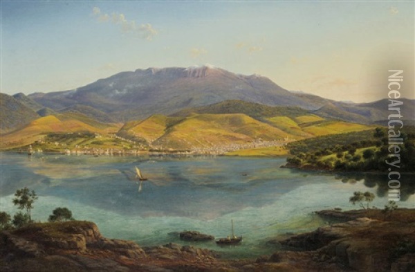 View Of Hobart Town, With Mount Wellington In The Background Oil Painting - Eugen von Guerard