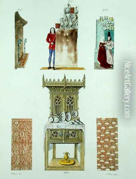 Fifteenth century furniture, from Monuments Francais, lithograph by Amedee Peree, 1839 Oil Painting - Gabrielle Willemin