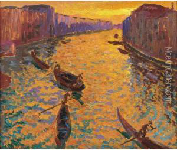 Venise: Canal Grand, Coucher De Soleil, Symphonie Orange Oil Painting - William Samuel Horton