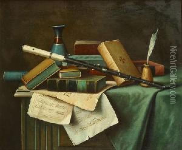 Stilleven Met Fluit En Boeken Oil Painting - William Michael Harnett