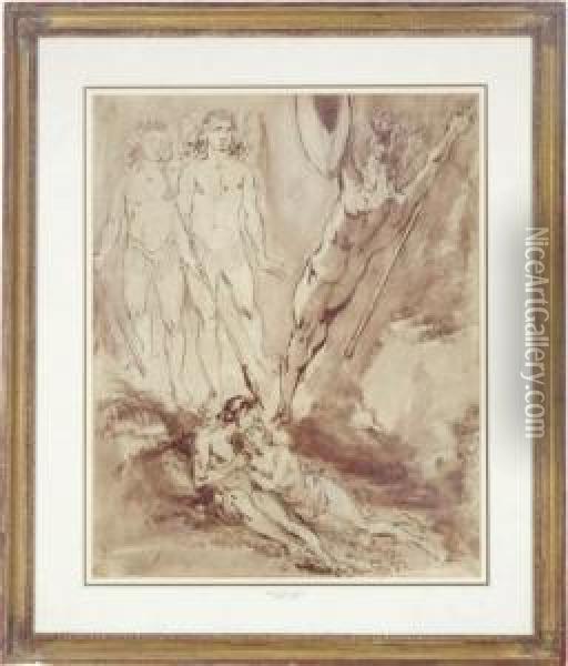 Guardian Angels Defending Adam And Eve From Satan Oil Painting - David Scott