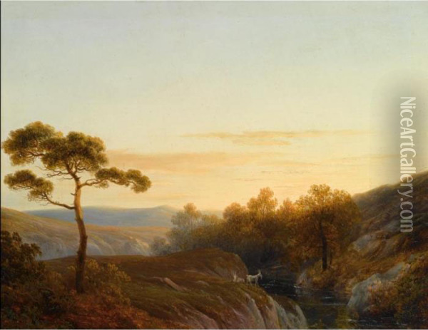Early Morning In A Mountainous Landscape Oil Painting - Joseph Augustus Knip