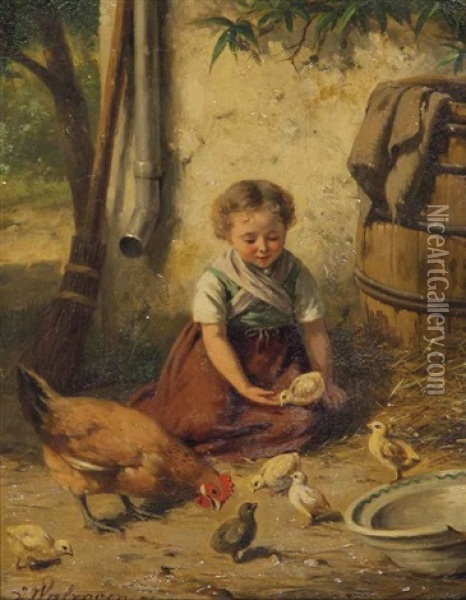 A Young Girl Playing With Chickens Oil Painting - Jan Walraven