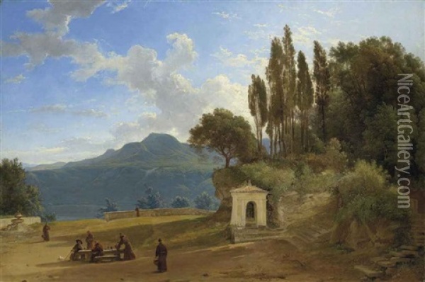 Monks Before Lake Nemi, Italy Oil Painting - Pierre Athanase Chauvin
