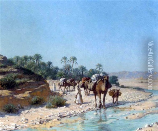 A Camel Train Crossing A Stream Oil Painting - Paul Jean Baptiste Lazerges