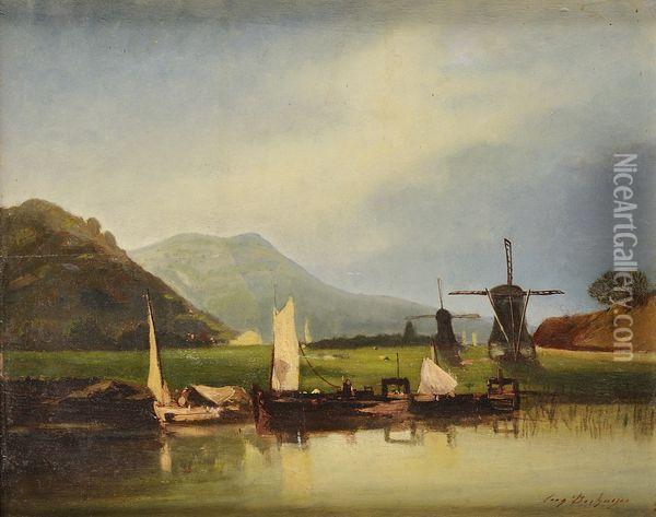 Barques A Voiles Sur Un Canal Hollandais Oil Painting - Eugene Deshayes