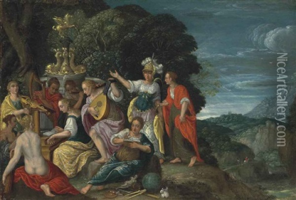 Minerva Visiting The Muses On Mount Helicon Oil Painting - Johann (Hans) Konig
