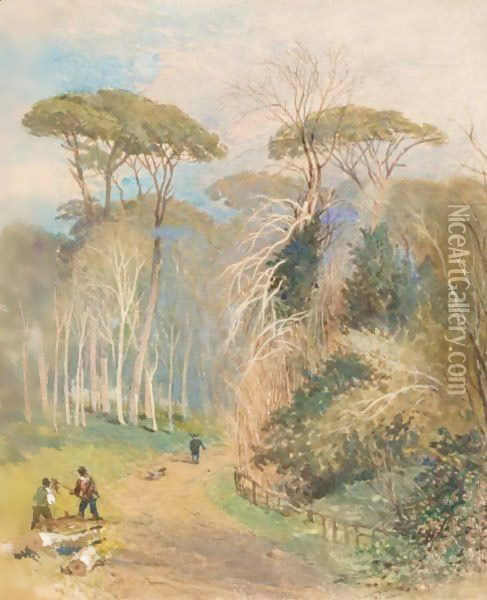 Woodcutters In An Australian Landscape Oil Painting - John Skinner Prout