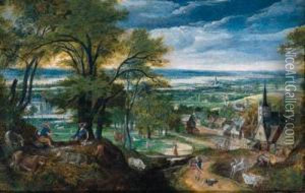 Mercury Playing The Flute As 
Argus Falls Asleep And Mercury Slayingargus, A Village And A River 
Valley Beyond Oil Painting - Hans Bol