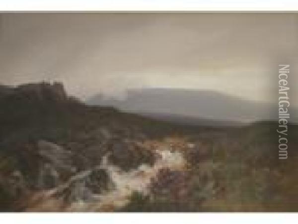 On The Okement, Dartmoor Oil Painting - Frederick John Widgery