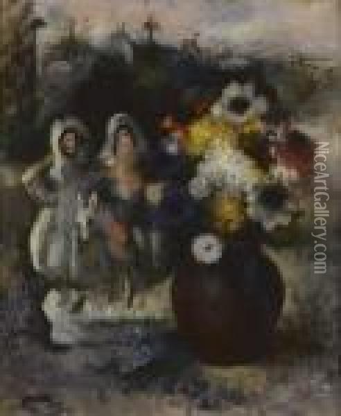 Couple Au Bouquet De Fleurs Oil Painting - Paul-Elie Gernez