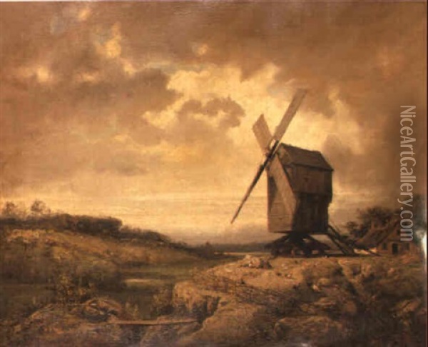 Figures Resting Before A Windmill Oil Painting - Charles Felix Edouard Deshayes