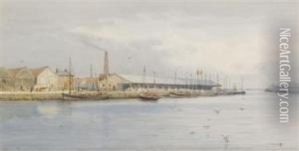 The Herring Fleet And Fish Wharf, Great Yarmouth Oil Painting - Charles Harmony Harrison