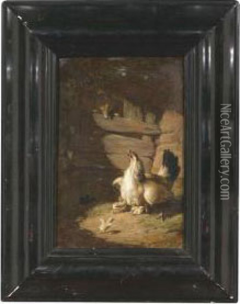 A Fox Peeping Into A Henhouse Oil Painting - Federico Jimenez y Fernandez