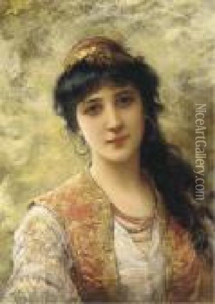 A Young Beauty In An Embroidered Vest Oil Painting - Eisman Semenowsky