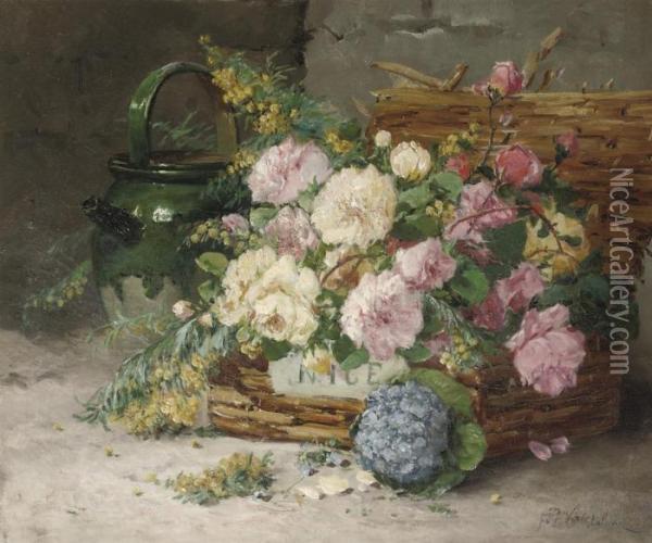 Colourful Roses In A Basket Oil Painting - Eugene Henri Cauchois