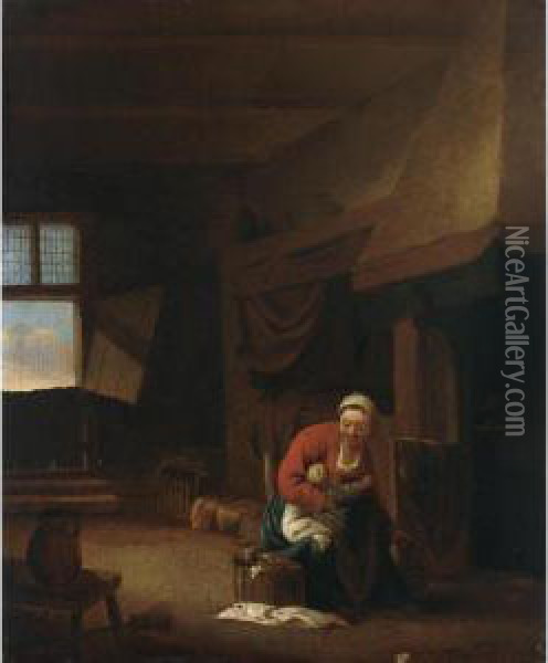 An Interior With A Mother Feeding Her Child Oil Painting - Jan Olis