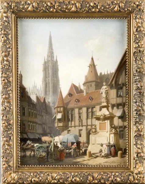 Markttag In Einer Nordfranzosischen Stadt Mit Gotischer Kirche Oil Painting - Albert Schwendy