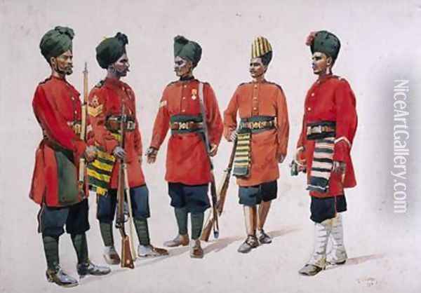 Soldiers of the Former Hyderabad Contingent Infantry Oil Painting - Alfred Crowdy Lovett