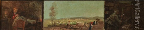 Interno Contadino, Veduta Di Paesaggio, Trincea (triptych) Oil Painting - Leonardo Roda
