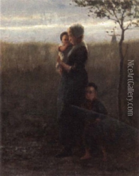 Mother And Children On Country Lane Oil Painting - Bernard de Hoog