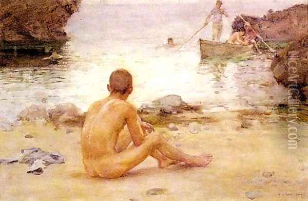 Seated Nude on a Beach 1900 Oil Painting - Henry Scott Tuke