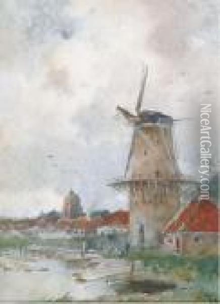Windmill On The Edge Of A Village Oil Painting - Willem Cornelis Rip