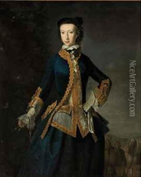 Portrait Of A Lady, Three-quarter-length, In A Blue Coat And Skirt,and White Waistcoat, With Gold Embroidered Trim, A Whip In Herright Hand, In A Landscape, Two Horses And A Groom Beyond Oil Painting - Robert Harvie