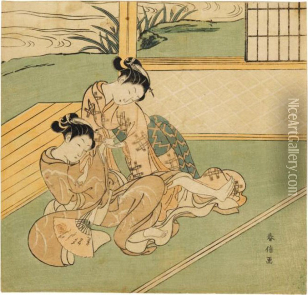 Deux Jeunnes Femmes Assises Sur Un Tatami Oil Painting - Suzuki Harunobu