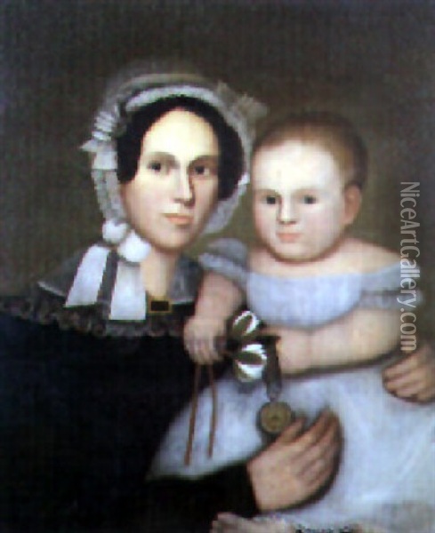 Mother And Child Holding Watch And Waterlilies Oil Painting - Zedekiah Belknap