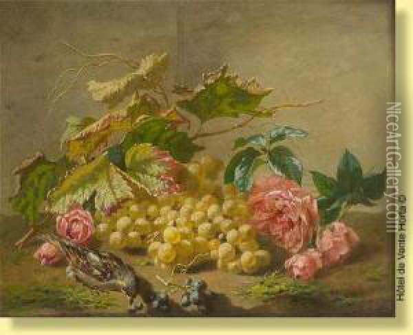 Composition Aux Raisins, Roses Et Oiseau Oil Painting - Henri Robbe