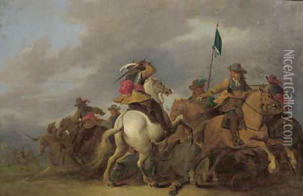 A cavalry skirmish in a landscape Oil Painting - Pieter Meulener