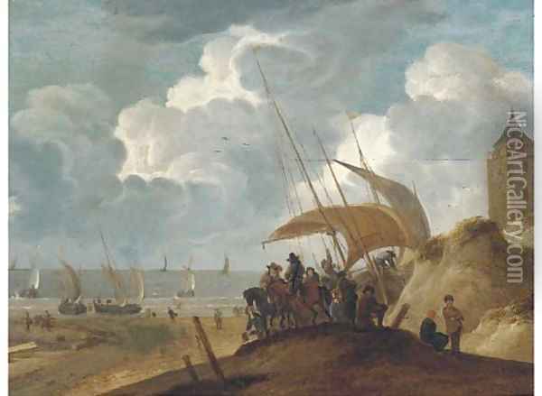A coastal landscape with peasants and gentlemen on a beach by a boat Oil Painting - Willem van de Velde the Younger