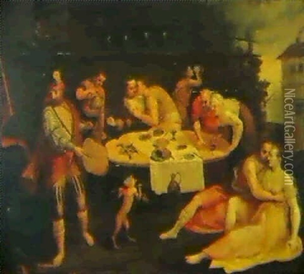 Figures Feasting At A Table In A Landscape Oil Painting - Ernst-Gotthilf Bosse