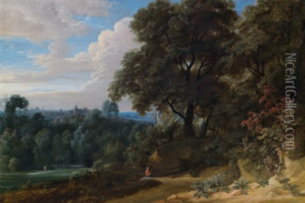 Bewaldete Hugelige Landschaft Mit Einem Rastenden Reisenden Und Einer Abtei Im Hintergrund Oil Painting - Jacques d' Arthois