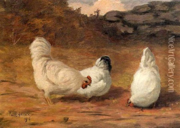 Three Chickens In A Farmyard Oil Painting - Paul Harney Jr.