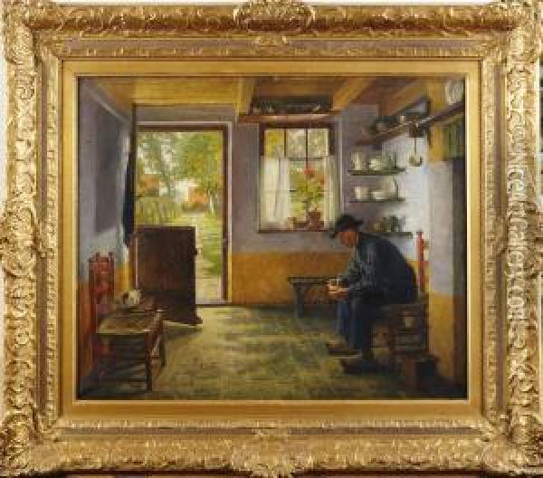 Interior Med Sittande Man Oil Painting - Henrik Nordenberg